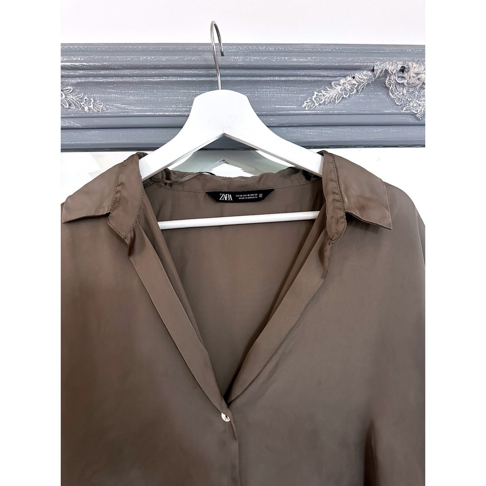 Zara Women Olive Green Basic Satin Finish Button Up Blouse Long Sleeve Shirt XL - Picture 4 of 9